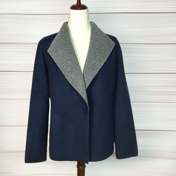 Talbots Felted Wool Navy Blue and Gray Jacket Open Front Wing Collar Pockets L - Picture 3 of 10